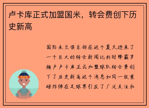 卢卡库正式加盟国米，转会费创下历史新高